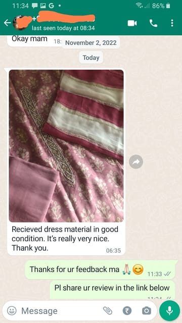 Received dress material in good condition, Its really very nice, Thank You.-Reviewed on 3rd NOV 2022