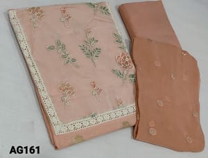 CODE AG161: Designer Pastel Peach Premium Silk Cotton unstitched salwar material(lining optional) with embroidery organza patch work and lace work on yoke (yoke design might vary) , matching santoon bottom,  thread and sequence work on pure chiffon dupatta