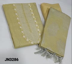 CODE JN3286 : Premium Yellow Tissue Silk Cotton Unstitched Salwar material(thin fabric, requires lining) with embroidery and sequence work on yoke, matching santoon bottom, zari weaving embroidery work on tissue silk cotton dupatta with tassels