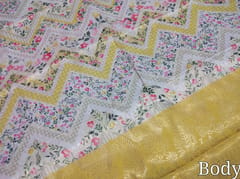 CODE WS419 : Digital printed soft brocade saree,antique gold zari woven pattern all over,double sided borders,rich zari woven contrast pallu with tassels and running soft brocade contrast blouse