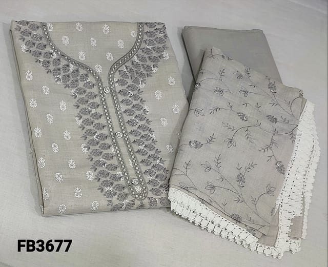 CODE MR3677 :  Light Grey Printed Linen unstitched Salwar material(Textured Fabric, Requires Lining) embroidery and foil work on yoke,lace work in daman, Matching cotton bottom,embroidered linen dupatta with lace tapings
