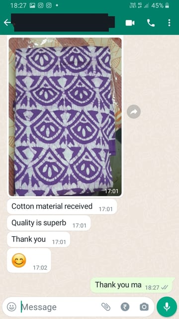Cotton material received quality is superb thank you -Reviewed on 27th MAR 2023