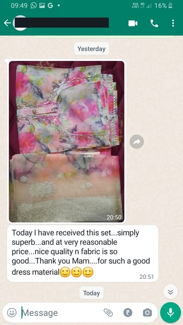 Today i have received this set... simply superb... and at very reasonable price... nice quality n fabric is so good... thank you mam... for such a good dress material -Reviewed on 4th APR 2023