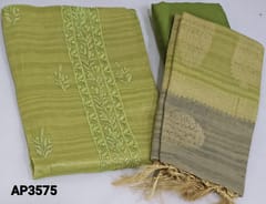 CODE AP3575  : Pastel Cardamom Green Tissue Silk Cotton Unstitched Salwar material(thin fabric, requires lining) with embroidery and sequence work on yoke, embroidery work on daman, matching santoon bottom, dual shaded Benaras weaving tissue silk cotton dupatta with tassels