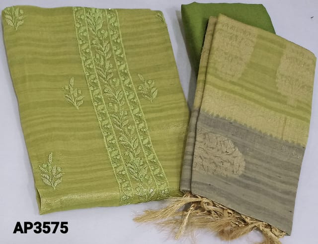 CODE AP3575  : Pastel Cardamom Green Tissue Silk Cotton Unstitched Salwar material(thin fabric, requires lining) with embroidery and sequence work on yoke, embroidery work on daman, matching santoon bottom, dual shaded Benaras weaving tissue silk cotton dupatta with tassels