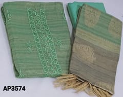 CODE AP3574 : Pastel Blue and green Tissue Silk Cotton Unstitched Salwar material(thin fabric, requires lining) with embroidery and sequence work on yoke, embroidery work on daman, matching santoon bottom, dual shaded Benaras weaving tissue silk cotton dupatta with tassels