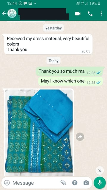 Received my dress material, very beautiful colors, Thank you.... -Reviewed on 12th APR 2023