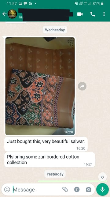 Just bought this, very beautiful salwar, pls bring some zari bordered cotton collections... -Reviewed on 14th APR 2023