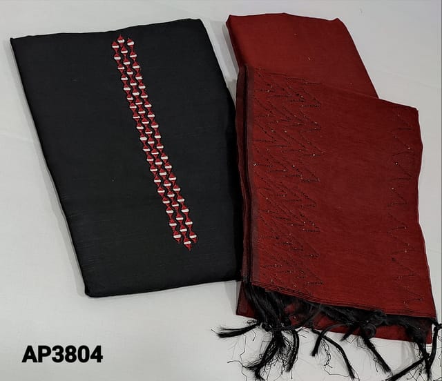 CODE AP3804 : Black Slub Silk Cotton unstitched Salwar material(textured fabric lining needed),real mirror work on yoke,Maroon silk cotton bottom,soft silk cotton dupatta with thread and sequins work(requires Tapings)