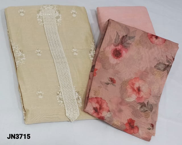 CODE JN3715: Premium rich Beige Silk Cotton unstitched Salwar materials(thin fabric, requires lining) with embroidery and sequence work on front side, peachish pink silk cotton bottom, Digital Floral Printed Organza dupatta with zari weaving pallu.