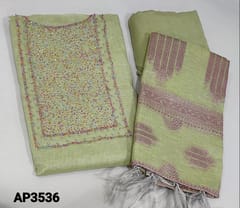 CODE AP3536: Premium Pastel Green and silver Tissue Silk Cotton unstitched Salwar material(thin fabric requires lining) with multicolor cut bead and sugar bead work on yoke, matching santoon bottom, Pink zari weaving (weaving design might vary) on tissue silk cotton dupatta with tassels