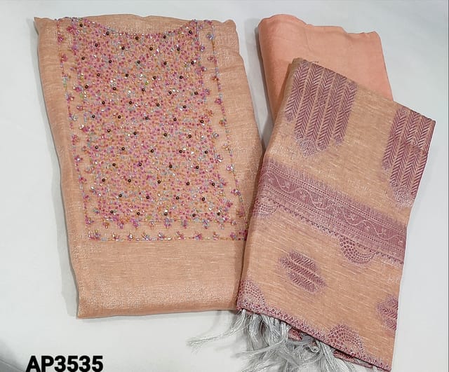 CODE AP3535 : Premium Pastel Peach and silver Tissue Silk Cotton unstitched Salwar material(thin fabric requires lining) with multicolor cut bead and sugar bead work on yoke, matching santoon bottom, Pink zari weaving (weaving design might vary) on tissue silk cotton dupatta with tassels