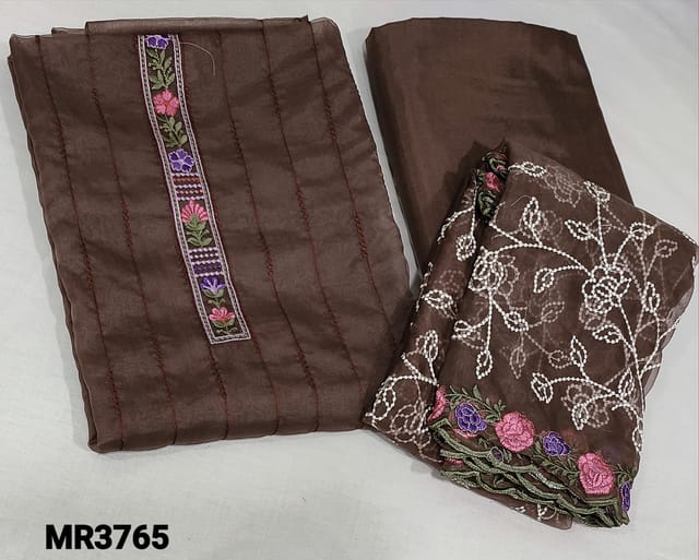CODE MR3765 : Premium Brown Fancy Organza unstitched Salwar material(thin fabric lining included) with embroidery work on frontside, heavy embroidery work on daman, matching thin silky bottom and lining included as single fabric, heavy embroidery work on organza dupatta with tapings