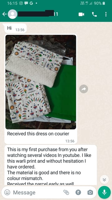 Received this dress on courier, this is my first purchase from you after watching serval videos in YouTube. i like this warli and without hesitation i have ordered. the material is good and there is no colour mismatch. received the parcel early as well  -Reviewed on 26th APR 2023