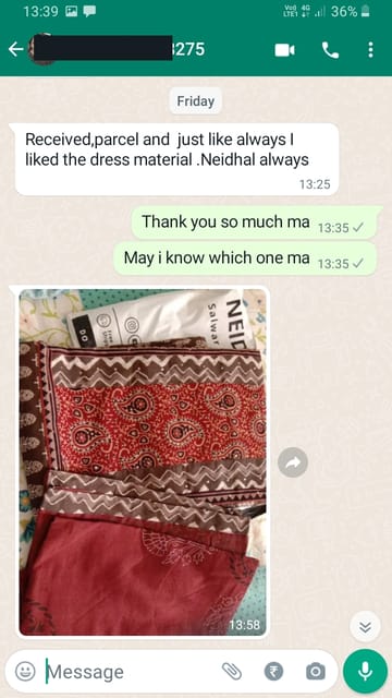Received parcel and just like always i liked the dress material neidhal always.... -Reviewed on 8th MAY 2023
