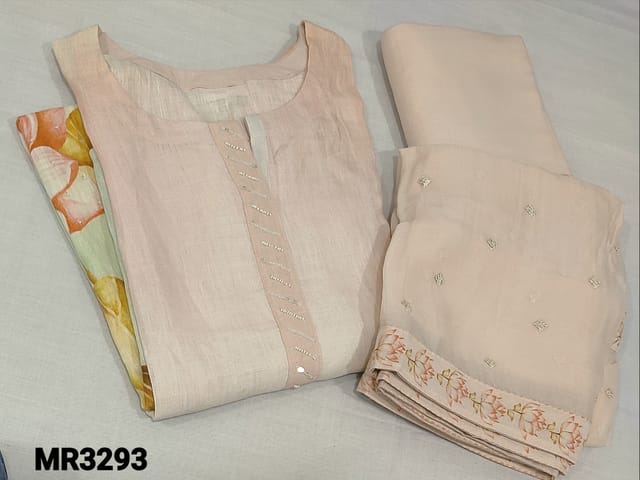 CODE MR3293 : Designer Pale Pink Printed Pure Linen semi stitched Salwar material(Textured Fabric, Requires Lining,can fit upto XL) Round Neck,tiny sequins and beads on yoke,3/4 Sleeves, Matching pure soft Cotton fabric provided for Lining, NO BOTTOM, Pure Chiffon dupatta with sequins work and tapings.