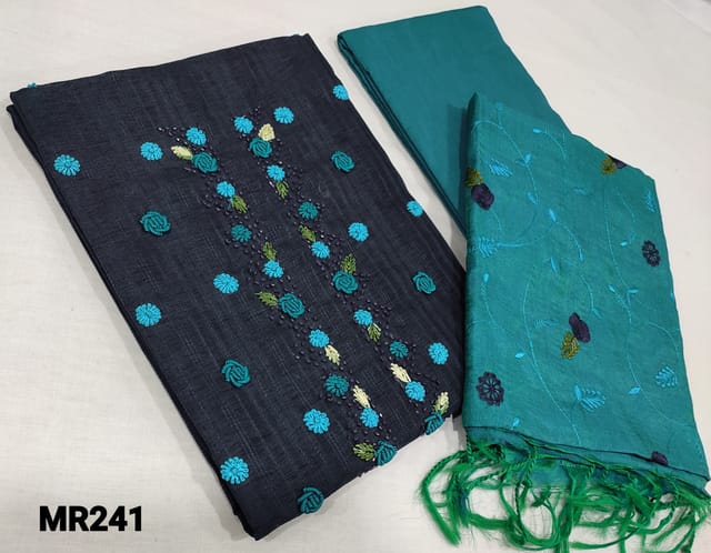 CODE Mr241 : Designer navy Blule fancv Silk Cotton Unstitched Salwar material(slightly course fabric, requires lining) with bullion rose embroidery and cut bead work on yoke, light blue silk cotton bottom,  embroider work on fancy silk cotton dupatta with tassels
