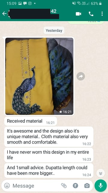 Received material, it's awesome and the design also it's unique material.. cloth material also smooth and comfortable, i have never worn this design in my entire life, . -Reviewed on 23-MAY-2023