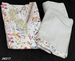 CODE JN317 : Designer Off-White with Grey tint Pure Linen Semi-Stitched Salwar material (Can fit up to XL size, lining needed) V neck(one side fancy lace floral pattern, other side faux mirror and zardozi wok on neck) 3/4 sleeves, printed all over, Matching Santoon Bottom, Pure chiffon dupatta with printed tapings