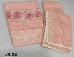 CODE JN34: Designer Peach pure Organza Unstitched salwar material (thin fabric requires lining) with embroidery work on yoke, heavy embroidery work on daman, matching santoon bottom, embroidery work on organza dupatta with lace tapings.
