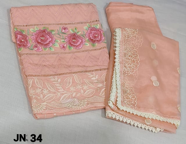 CODE JN34: Designer Peach pure Organza Unstitched salwar material (thin fabric requires lining) with embroidery work on yoke, heavy embroidery work on daman, matching santoon bottom, embroidery work on organza dupatta with lace tapings.