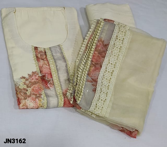 CODE JN3162 : Designer Pastel Yellow Premium Pure Linen Unstitched Salwar material (lining needed) round neck, with Organza patch highlighted with lace work on yoke, sequins work and applique work on frontside,  matching soft pure thin cotton fabric provided for lining, NO BOTTOM, fancy organza dupatta with rich applique work and fancy lace tapings