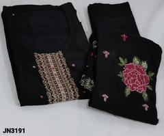 CODE JN3191 : Designer Black Pure Dola Silk unstitched salwar material(thin fabric, requires lining) Round Neck, Thread and Zari work on yoke, Floral embroidery on front side, zari and cut work on daman, matching santoon bottom, Embroidery and Cross stitch work on pure organza dupatta with zari and cutwork edges