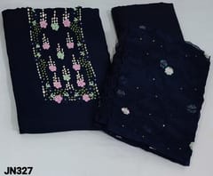 CODE JN327 : Navy Blue Fancy Silk Cotton Unstitched Salwar material(light weight soft silky, lining needed) Spring work, french knot detailing with sequins work on yoke,  Matching silky Bottom, embroidery and sequins work organza dupatta