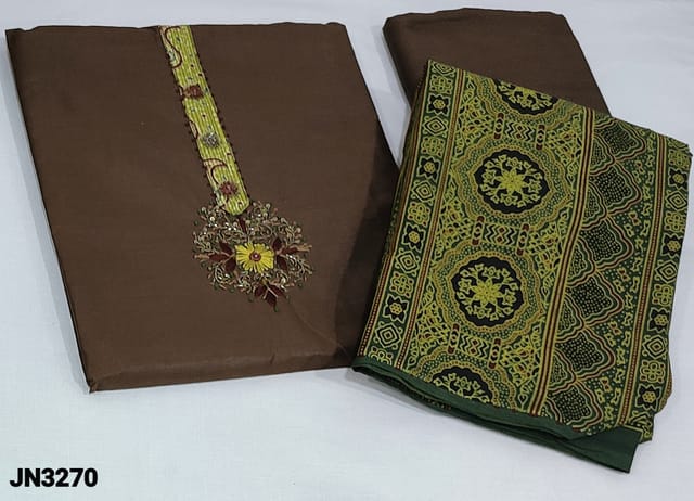CODE JN3270 : Dark Brown shade fancy Silk Cotton unstitched Salwar material(soft silk fabric, lining needed) printed yoke sequins, tiny bead and thread work, Matching Silk Cotton Bottom, ajrak block printed Pure mul cotton dupatta with tapings
