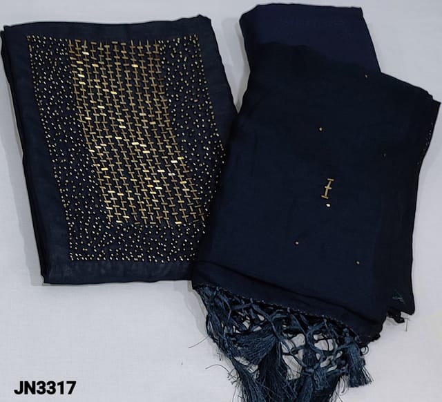 CODE JN3317 : Navy Blue Fancy Crepe Silk unstitched Salwar material(soft flowy fabric, lining needed) with antic golden cut bead, sugar bead work on yoke, Matching Silk Cotton Bottom, bead work on fancy crepe silk dupatta with fancy tassels