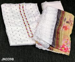 CODE JN3398 : Designer Off White Base Pure Masleen Silk Unstitched Salwar material(soft silky fabric lining needed) with contrast thread work, fancy lace and real mirror work on yoke, thread woven and silver zari woven buttas Frontside, Matching santoon Bottom, Beige Floral Printed Baraso Georgette Dupatta with thin silver zari lines and fancy lace tapings