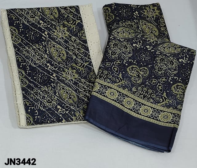 CODE JN3442 : Light Beige Base Cotton unstitched Salwar material(thin fabric, lining needed) Navy Blue contrast printed yoke patch with thread detailing, schiffli embroidery work and cutwork on frontside, Printed Pure Cotton Bottom,  Printed mul cotton dupatta