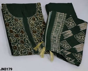 CODE JN3179 : Bottle Green  Digital printed silk Cotton unstitched Salwar material(thin fabric lining needed) with Kantha stich and sequins detailing on yoke, vertical digital pattern all over, Matching Santoon Bottom, Digital printed silk cotton dupatta