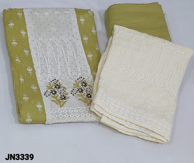 CODE JN3339 : Yellowish Beige Modal fabric unstitched Salwar material(flowy fabric, lining needed) with block printed and thread embroidery work on yoke, prints all over, Matching soft Bottom, block printed and rich embroidered mul cotton dupatta