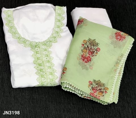 CODE JN3198 : Designer Half-White Pure Masleen Silk Unstitched salwar material(soft thin silky fabric lining needed) Matching Santoon Bottom, Pastel Green Floral printed organza dupatta with lace tapings, CHECK DESCRIPTION BELOW BEFORE ORDERING