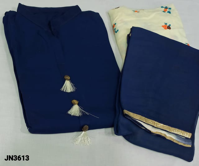 CODE JN3613 :Navy Blue rayon unstitched salwar material (soft fabric, lining needed) mandarin collar, ivory shade embroidered rayon stich bottom can fit up to L size, dual shaded chiffon dupatta with tapings