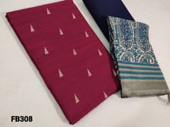 CODE FB308 : Dark Pink Slub Silk Cotton Unstitched salwar material(thin textured fabric requires lining) with thread woven design all over, navy blue cotton bottom, Digital printed Art silk Dupatta (requires taping)
