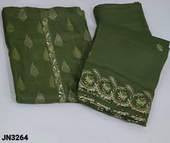 CODE JN3264 : Designer Cardamom Green Pure Uppada Silk unstitched Salwar material(soft silky fabric, lining needed) with zardozi and french knot detailing on yoke, zari weaving pattern and sequins work on frontside, Matching Santoon Bottom, zari and thread detailing soft silk cotton dupatta