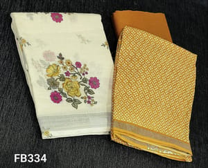CODE FB334: Designer Off White floral printed Pure Linen unstitched Salwar material(soft fabric requires lining,silver tissue borders for daman,yellow silk cotton bottom,printed pure linen dupatta with thin silver zari borders
