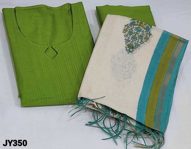 CODE JY350 : Designer Light Green soft Semi Dupion silk Unstitched salwar material (shiny fabric, lining needed)round notched neck, pintuck (stitch) thread detailing on panel, Matching Dupion Silk Bottom, block printed silk cotton dupatta with thin gold tissue borders and tassels