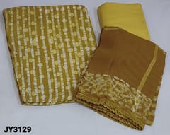 CODE JY3129 : Designer Dark Fenugreek Yellow wax batik dyed Pure Masleen Silk Unstitched Salwar material(soft, silky fabric, lining needed) Yellow Santoon Bottom, Wax batik pure chiffon dupatta with tapings