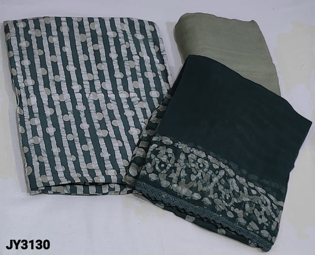 CODE JY3130: Designer Blueish Grey wax batik dyed Pure Masleen Silk Unstitched Salwar material(soft, silky fabric, lining needed) Light Grey Santoon Bottom, Wax batik pure chiffon dupatta with tapings