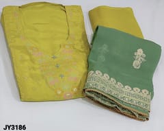 CODE JY3186 : Designer Bright Mehandhi Yellow Pure Uppada Silk unstitched Salwar material(shiny fabric, lining needed) round notch neck, Panel design pattern meenakari and antique gold zari weaving on frontside and zari woven buttas, Matching Santoon Bottom, Cement Green Pure organza dupatta and embroidery, zari detailing with gota lace tapings