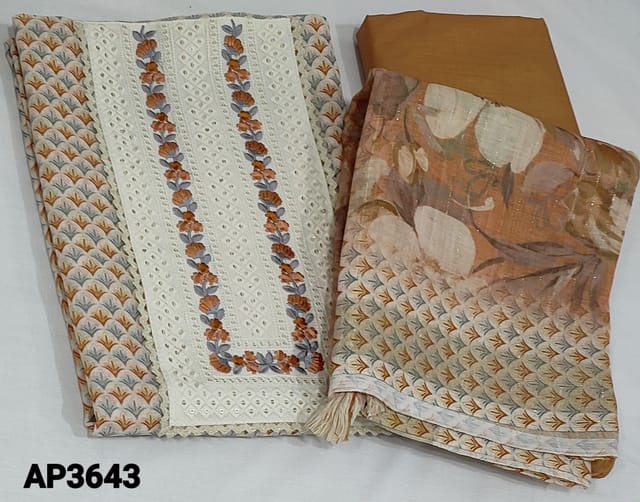 CODE AP36431 : Printed Premium Linen  unstitched Salwar material(thin fabric requires lining )embroidery work on yoke, Sand Brown Cotton Bottom, Premium Floral Printed Linen dupatta with tiny sequins work
