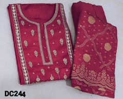 CODE DC244: Designer Reddish Maroon Pure Uppada Silk  unstitched Salwar material(requires lining) with gota patch, zardozi and sequins work on yoke, matching santoon bottom, benarasi woven design on uppada silk dupatta with cutwork edges.