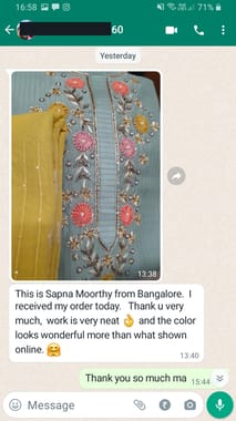 This is sapna moorthy from bangalore, i received my order today. Thank you very much, work is very neat and the color looks wonderful more what shown online. -Reviewed on 7-Jul-2023