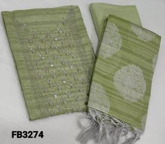 CODE FB3274: Premium Pastel Green and silver Tissue Silk Cotton unstitched Salwar material(thin fabric requires lining) with cut bead and sugar bead work on yoke, matching santoon bottom, silver zari weaving (weaving design might vary) on tissue silk cotton dupatta with tassels
