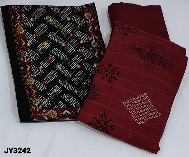 CODE JY3242 : Black Base pure soft Premium cotton unstitched Salwar material(soft fabric, lining optional) contrast printed yoke patch highlighted with thread and foil work on yoke, Maroon Cotton Bottom, self woven checkered design on Block printed Premium soft Mul cotton dupatta