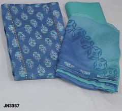 CODE JN3357 : Blue Printed Pure soft cotton unstitched Salwar material(soft fabric, lining optional) with mirror work, zari detailing and gota lace work on yoke, Printed all over,  Pastel Blue Cotton Bottom, dual shaded block printed chiffon dupatta