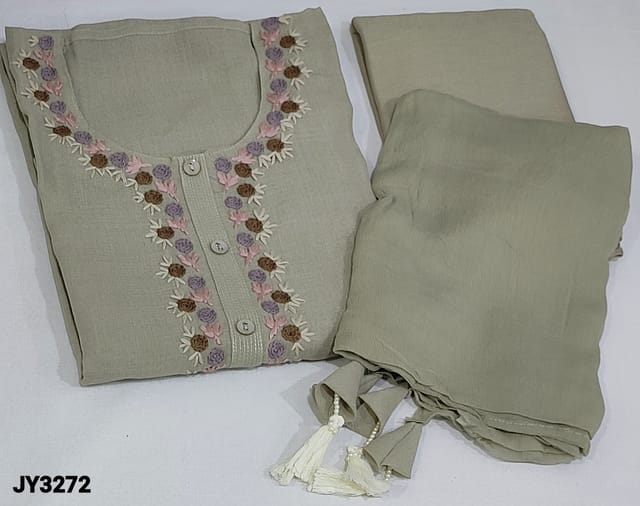 CODE JY3272 : Designer Sober Pastel Grey Pure Premium Linen unstitched Salwar material(thin fabric, lining needed) round neck, thread embroidery and fancy buttons on yoke, Matching Santoon Bottom, Pure chiffon dupatta with tassels